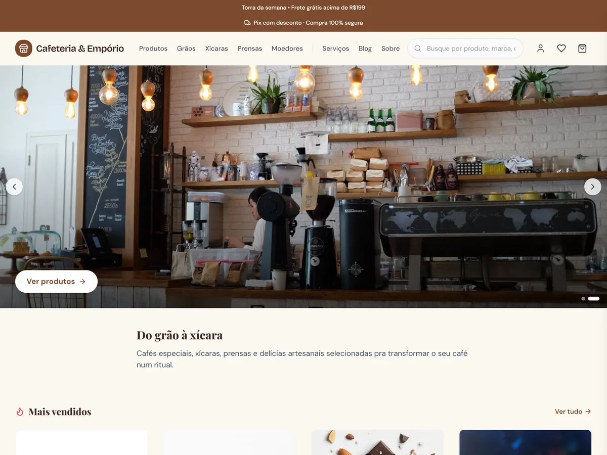 Print da loja de exemplo do tema Cafeteria & Empório