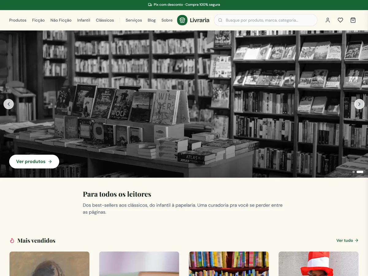 Print da loja de exemplo do tema Livraria